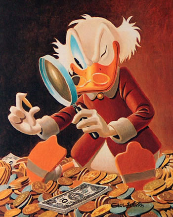 Scrooge McDuck counting his money.